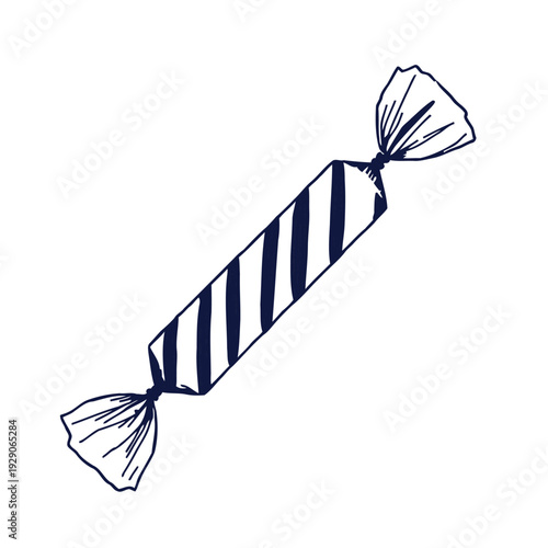 A hand drawn illustration depicts a striped candy with twisted ends isolated on a white background