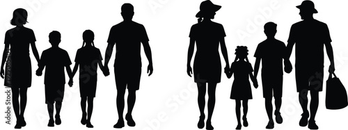 Happy family silhouette walking together, parents and children holding hands, outdoor travel concept, black people shadow illustration isolated