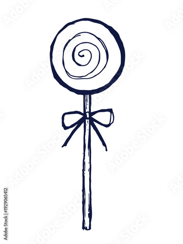 A hand drawn style illustration of a circular lollipop with a bow set against a white background