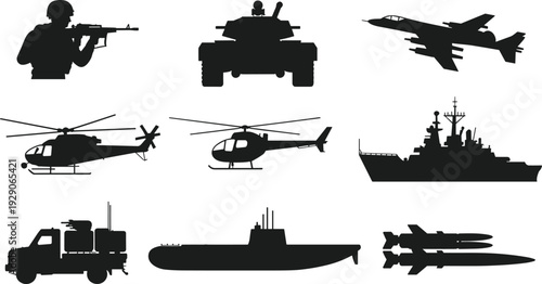 Military silhouette icons set featuring soldier tank fighter jet helicopter warship submarine missile modern defense technology collection vector illustration isolated