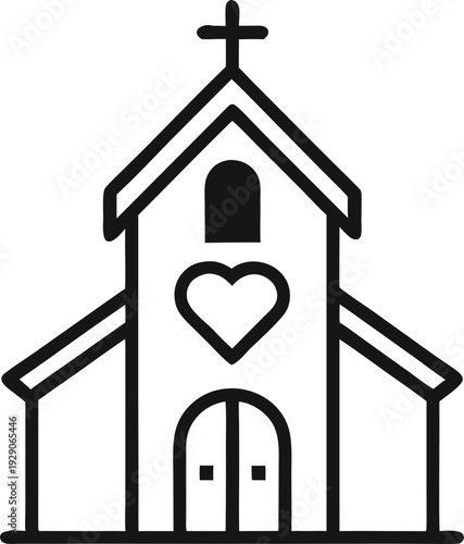 Simple church building with heart symbol above, minimal line vector icon, black and white, white background, flat design, wedding venue concept