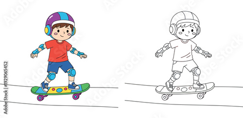 Cute cartoon boy skateboarding with helmet and safety gear. Color and black and white line art vector illustration for kids coloring page.