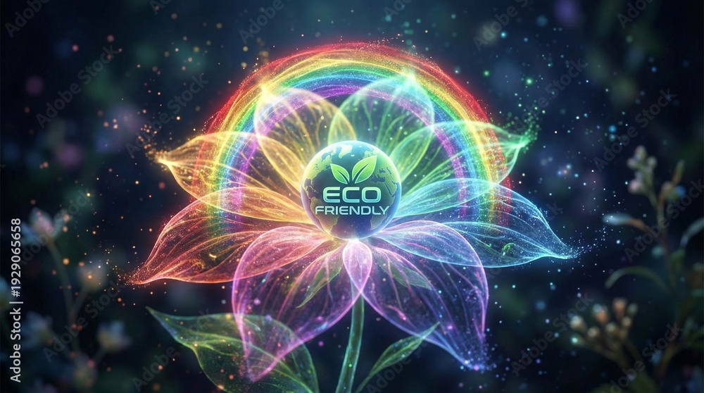 Obraz premium Colorful eco-friendly flower illustration with a rainbow backdrop 