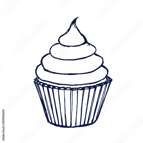 A simple hand drawn line art illustration of a frosted cupcake with a detailed wrapper