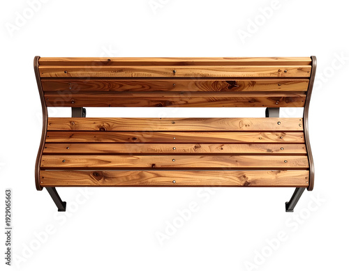 A modern outdoor wooden bench with a sleek metal frame, against a stark background
