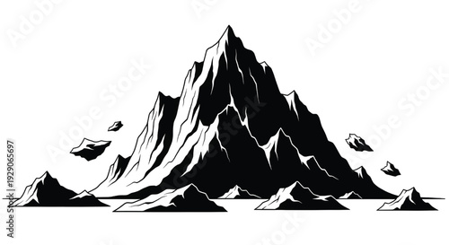 A dramatic black and white illustration of a mountain range