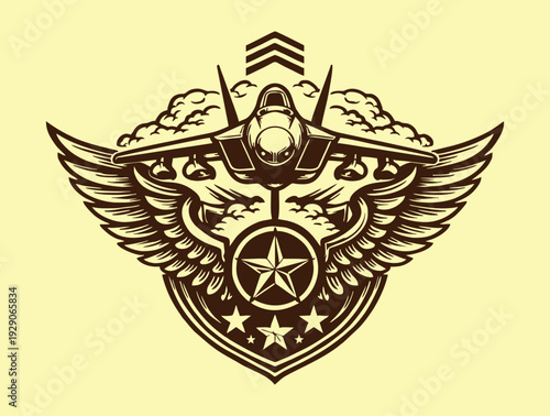 Military aviation emblem featuring a fighter jet and majestic wings.