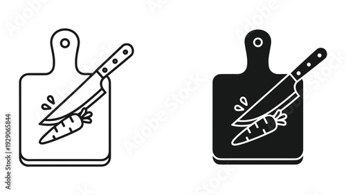 Black and white cutting board icons with knife and vegetable