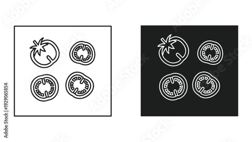 Fresh sliced tomatoes in black and white line art style