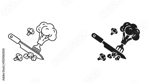 Broccoli being chopped with chef's knife illustration