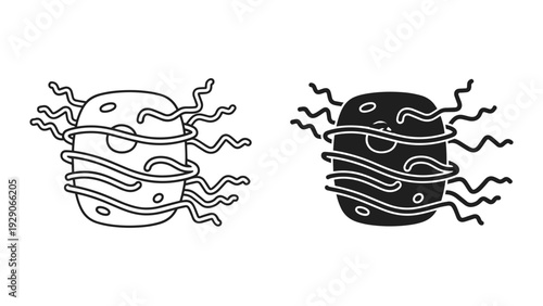 Vibrant bacteria cells in black and white line art style