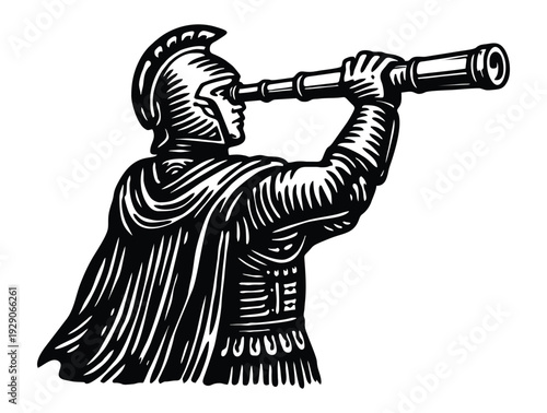 Roman soldier in armor looking through a long telescope spyglass.