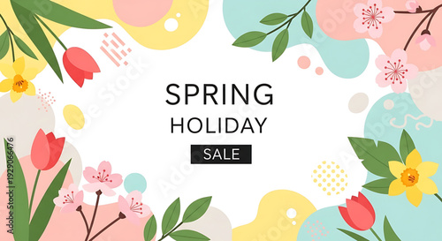 Vibrant spring holiday sale illustration featuring flowers and leaves in a colorful arrangement viewed from directly above