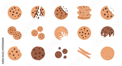 Set of Chocolate Chip Cookies Icons, Flat Vector Illustration of Sweet Biscuits with Chocolate Chunks and Milk