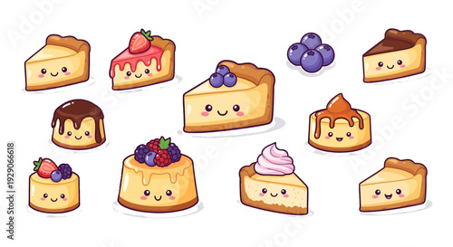 Kawaii Cheesecake Characters Set, Cute Cartoon Dessert Illustrations with Strawberry, Blueberry, and Chocolate Topping, Sweet Food Vector Icons