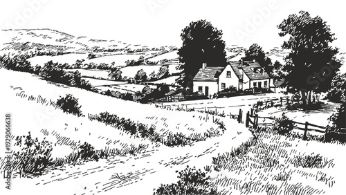 Countryside house rural landscape winding path farmland. Village home surrounded by open fields and nature. Background for rural design. Crayon drawn ink pencil illustration style.