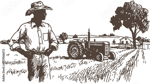 Farmer standing near tractor rural agricultural landscape illustration. Male agricultural worker in countryside environment. Drawing in hand drawn graphic style. Banner for farming concepts.