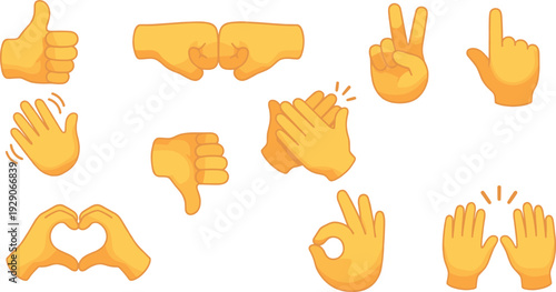 Cartoon Hand Gesture Emoji Set Showing Thumbs Up Down Clapping Peace Love OK Pointing And Applause Symbols Vector Illustration
