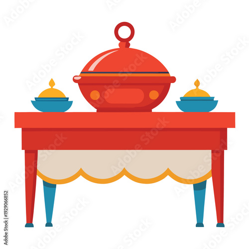 Traditional festive dining table setup with a large covered serving bowl and decorative side dishes