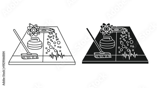 Curling stone and broom on ice rink graphic