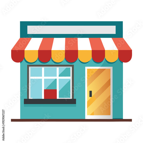 Small vibrant flat design storefront with red striped awning and clear window display for commercial ventures