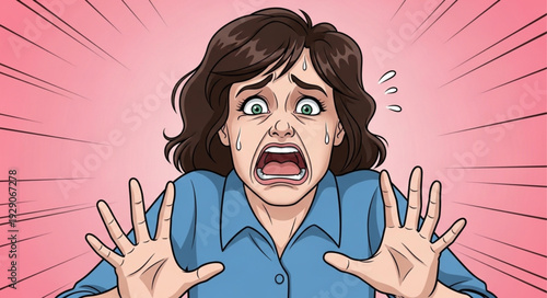 Womans expression of fear and shock, wide eyes and open mouth, terrified expression.