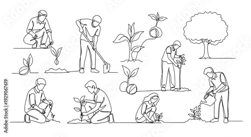 Line art set of people planting trees and watering plants. Eco gardening and environmental care concept representing sustainability, growth and Earth Day activities