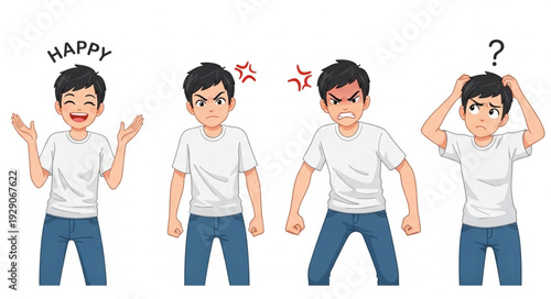 Diverse emotional expressions of a young man showcasing different feelings and moods.