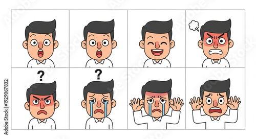 Emotional expressions of a man in various states of mind and feelings.