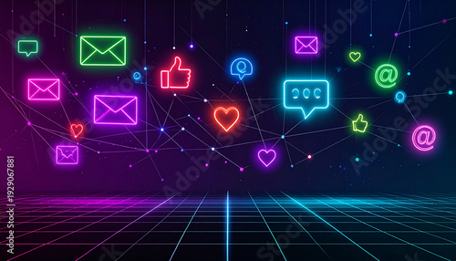 Neon Social Media Icons in Digital Network