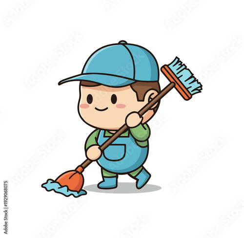 Cartoon cleaner sweeping illustration on black background