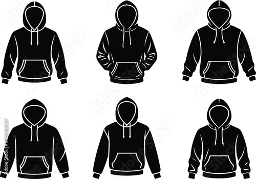 Set of Minimalist black pullover hoodie with drawstrings and kangaroo pocket silhouette vector icon
