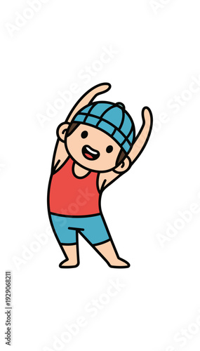 Cartoon figure stretching arms sideways isolated on black