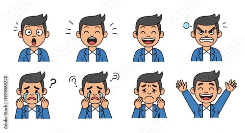 Diverse emotional expressions of a man showcasing various feelings and moods.