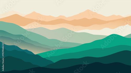 Abstract Watercolor Mountain Landscape with Wavy Blue and Gold Hills.eps
