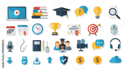 Collection of education and business icons for online learning and training.