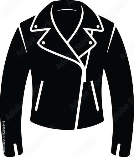 Minimalist black biker leather jacket with asymmetrical zipper silhouette vector icon