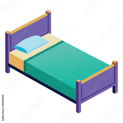 Modern Isometric Single Bed with Purple Frame and Teal Green Bedding for Restful Sleep