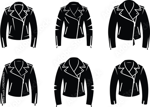 Set of Minimalist black biker leather jacket with asymmetrical zipper silhouette vector icon