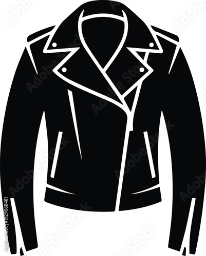 Minimalist black biker leather jacket with asymmetrical zipper silhouette vector icon