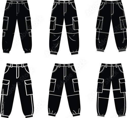 Set of Minimalist black cargo pants with large side pockets silhouette vector icon