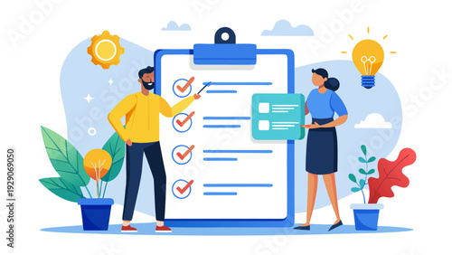 Business people managing tasks on a large clipboard for time management.eps