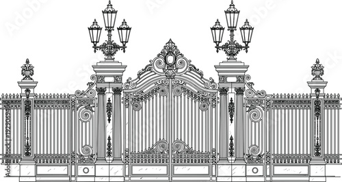 Luxury ornate wrought iron gate with classic lamp posts and decorative metal filigree design on white background, black and white vector illustration.