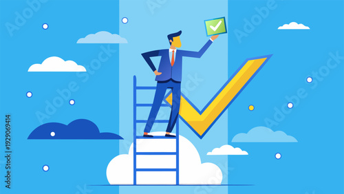Businessman on ladder checking completed tasks on large checklist.eps