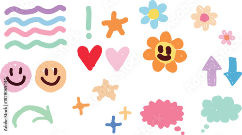 Colorful whimsical stickers with smiley faces and shapes