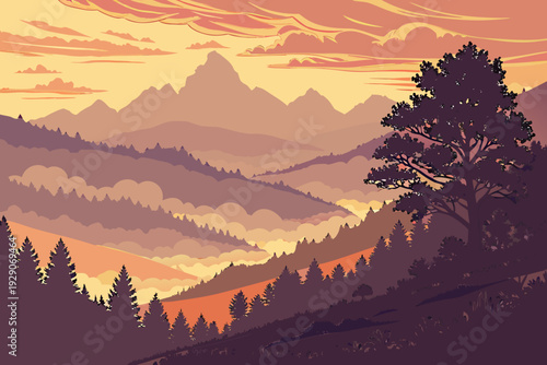 Majestic mountain landscape at sunrise with golden light, misty valley, dramatic sky, peaceful natural scenery, ultra realistic photography.