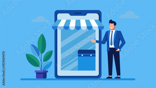 Businessman opening online store website for e-commerce business.eps