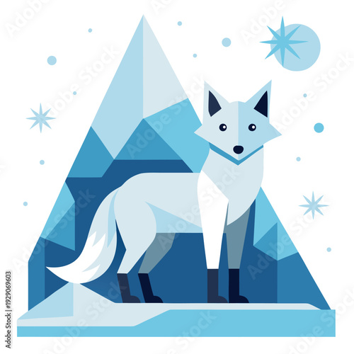 Cute arctic fox standing in a cold blue geometric winter wonderland with sharp ice crystals