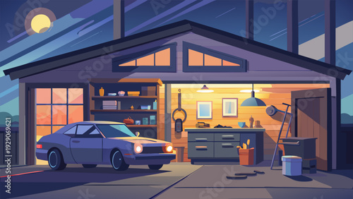 Cartoon Garage Interior with Car, Workbench, and Tool Storage Rack.eps