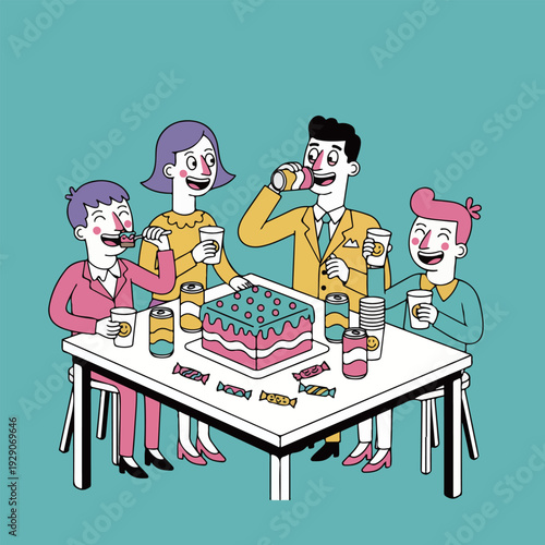 Friends Celebrating with Cake and Drinks